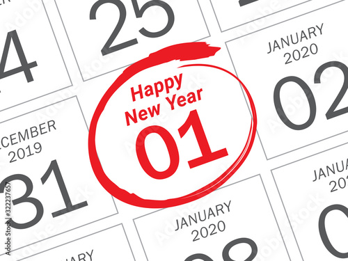 Close up of first day of the year 2020 on diary calendar.