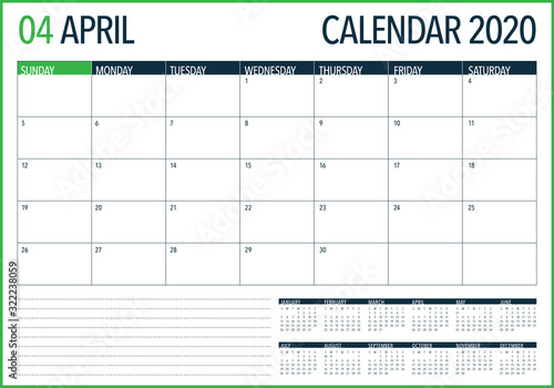 April 2020 desk calendar vector illustration