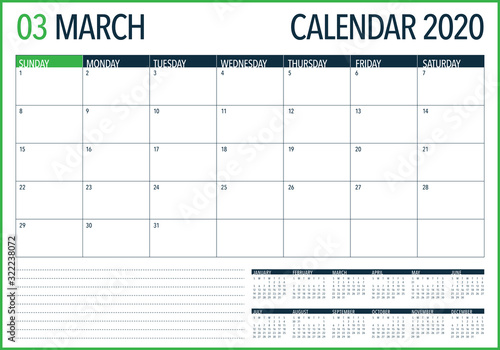 March 2020 desk calendar vector illustration
