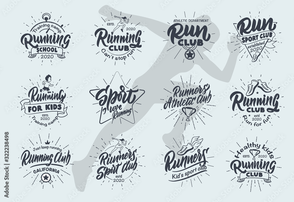 Set of vintage Sport and Run emblems and stamps. Sport badges, templates and stickers for Running club, school. Collection of retro logos with rays