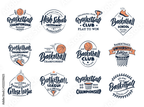 Set of vintage Basketball emblems and stamps. Basketball club, school, league badges