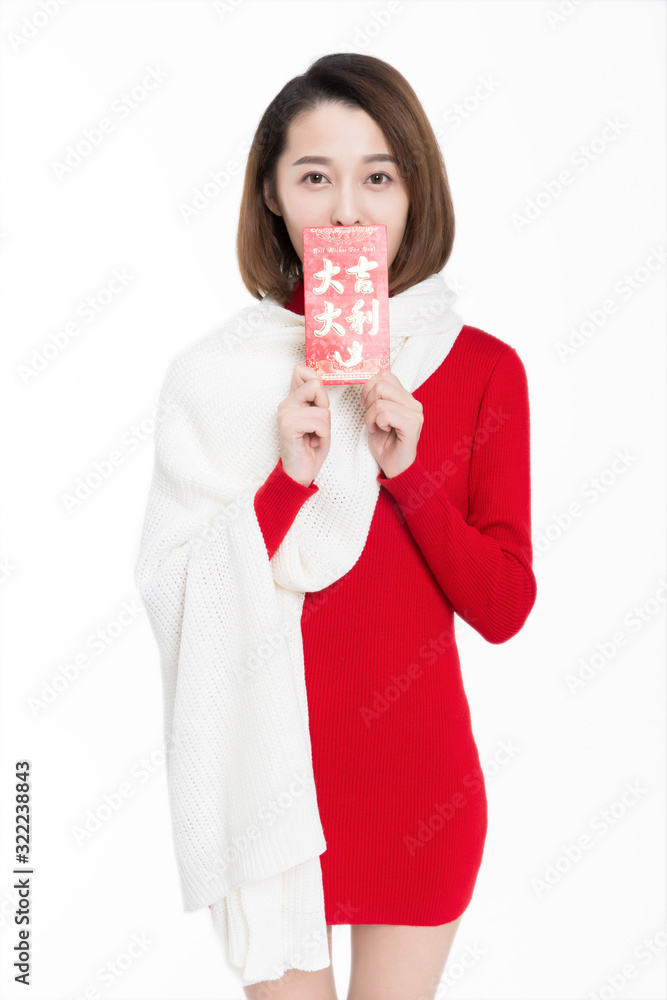 beautiful girl holding red envelope happily,white background,studio shot. beautiful girl holding red envelope happily,white background,studio shot.