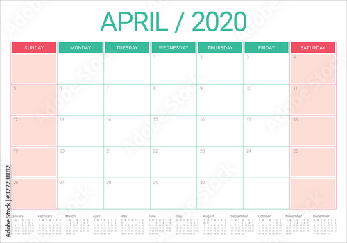 April 2020 desk calendar vector illustration