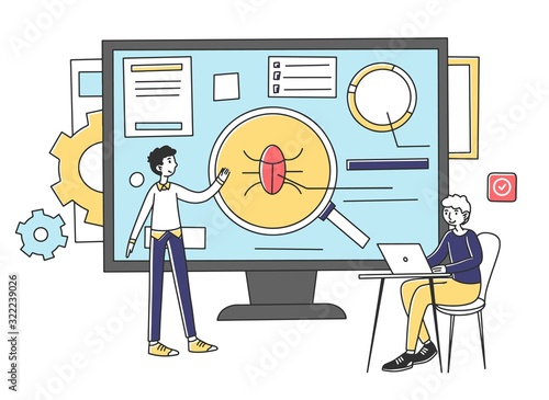 Programmers testing new application. Male developers fixing bugs, using computer, working together. Vector illustration for software development, programming, coding concept
