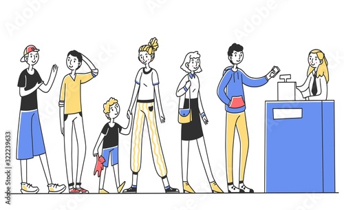People waiting in line for service vector illustration. Customers standing in queue for payment. Cashier providing service for clients. Shopping in store and supermarket