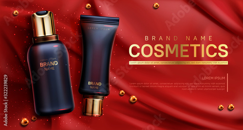 Cosmetics bottles mockup banner. Beauty body care product on red silk draped fabric background with scattered golden pearls. Luxury promo poster template for magazine, realistic 3d vector illustration