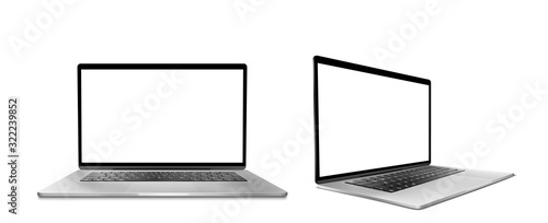 Laptop computer with white screen and keyboard front and angle view. Vector realistic mockup of modern notebook, portable desktop pc with blank monitor display isolated on white background