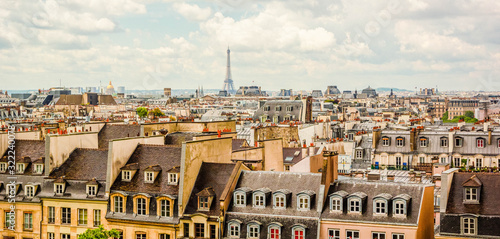 Canvas Print Panoramic view, aerial skyline of Paris on city center, Eiffel Tower, Sacre Coeu