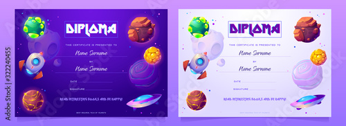Vector diploma with cosmos design for kids in kindrgarten, preschool or elementary school. Certificate template for award, appreciation or celebration graduation with cartoon planets and spaceship