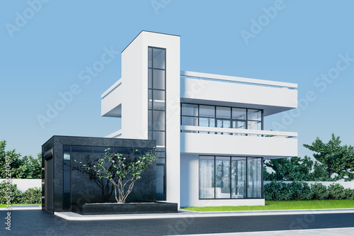 Modern house with white stucco with a balcony and a high staircase, in daylight against a background of green trees and a white fence with Windows to the street. 3D stock illustration.