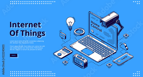 Internet of things isometric web banner. Laptop with artificial intelligence technology and smart house equipment and services for home control, iot. 3d vector illustration, line art, landing page