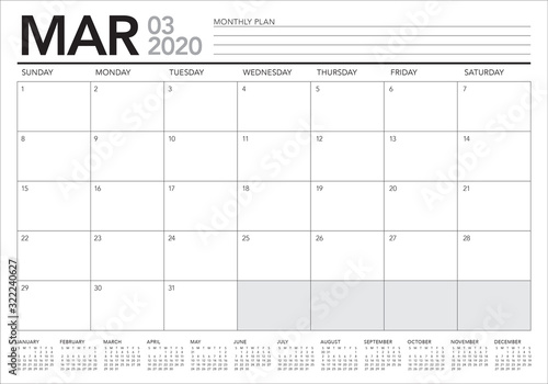 March 2020 desk calendar vector illustration