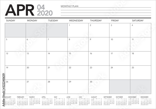 April 2020 desk calendar vector illustration