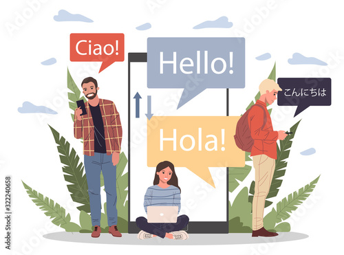 Online multi language translator flat vector illustration. Smartphone with translation app. People learning foreign language via mobile service concept.