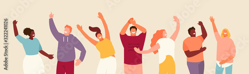 Group of happy people group with hands up. Joy and positive emotions vector illustration