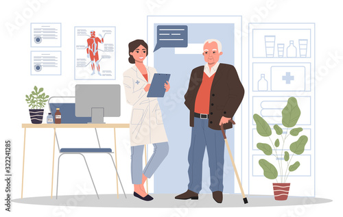 Senior patient visiting doctor office. Old man with cane consulting physician. Vector illustration for medical consultation, diagnosis treatment, healthcare concept