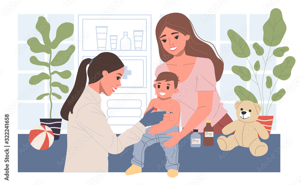 Positive pediatrician vaccinating cute child in medical office. Kid doctor making injection of vaccine to toddler boy. Vector illustration for immunity health, disease prevention, inoculation concept Positive pediatrician vaccinating cute child in medical office. Kid doctor making injection of vaccine to toddler boy. Vector illustration for immunity health, disease prevention, inoculation concept