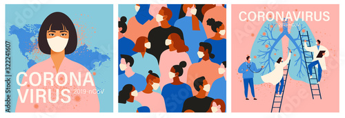 Coronavirus in China. Novel coronavirus, people in white medical face mask. Concept set of coronavirus quarantine illustration.