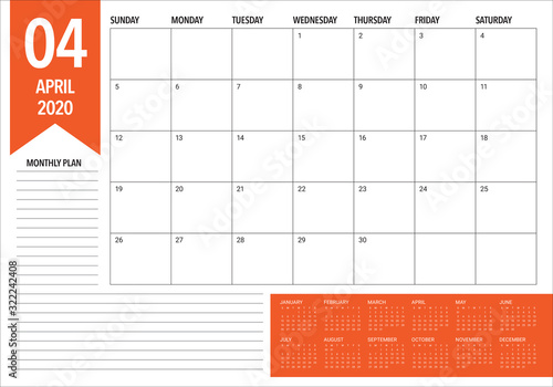 April 2020 desk calendar vector illustration