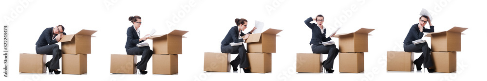 Woman businesswoman with boxes on white Woman businesswoman with boxes on white