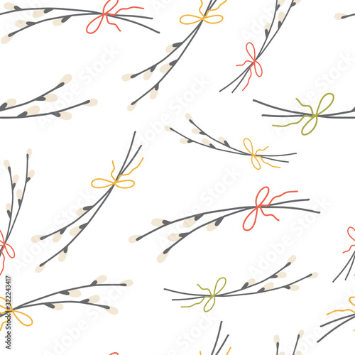Goat-willow twigs tied with ribbon seamless pattern. Perfect for Easter banner, postcard, poster, party and other decorations.