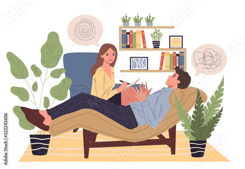 Patient counseling with psychologist vector illustration. Psychotherapy session concept with adult woman mental therapist. Man dealing with stress and depression