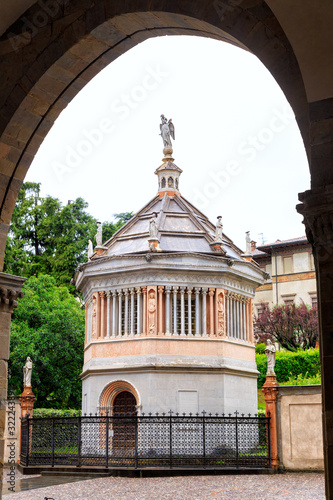 Bergamo, Italy. Bergamo Cathedral - Baptistery. The historical part of the city. Piazza Padre Reginaldo Giuliani. Rainy weather photo