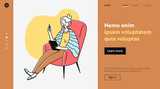 Elderly lady using online app on tablet. Old woman with device sitting in armchair flat vector illustration. Digital communication, internet concept for banner, website design or landing web page