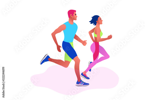 Happy couple running. Man and woman on morning jogging. Active and healthy lifestyle. Vector illustration style