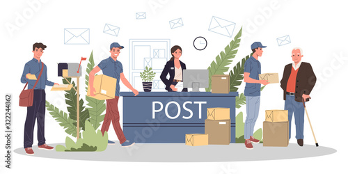People at post office receiving parcels and mails vector illustration. Couriers delivering correspondence and packages to customers. Mail service office, shipping and delivery department