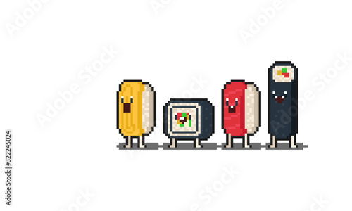 Pixel art cartoon sushi character set.