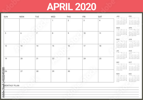 April 2020 desk calendar vector illustration