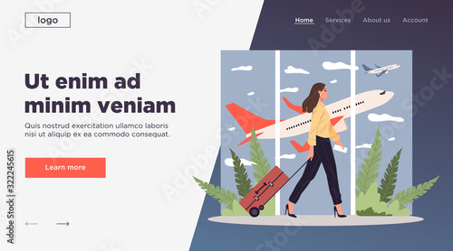 Tourist with luggage walking through airport. Woman wheeling suitcase, airplane flat vector illustration. Travel, flight, transport concept for banner, website design or landing web page