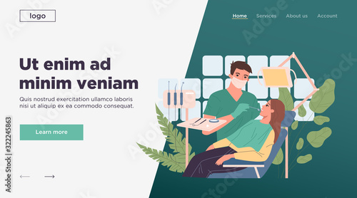 Female patient in dentist chair. Dental doctor in mask examining woman teeth flat vector illustration. Clinic, caries, hygiene concept for banner, website design or landing web page