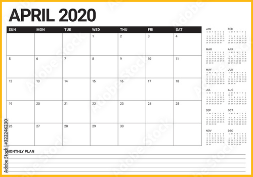 April 2020 desk calendar vector illustration