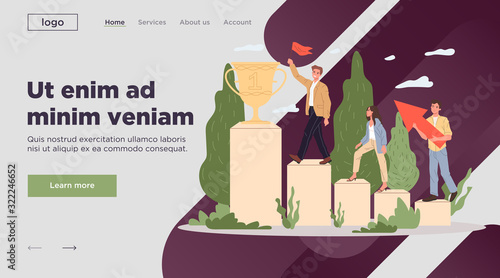 Successful team achieving goals. Leaders with flag climbing upstairs on podium flat vector illustration. Winners, award, teamwork concept for banner, website design or landing web page