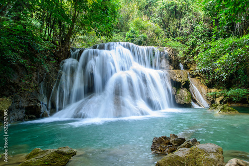 Fototapeta Naklejka Na Ścianę i Meble -  Haui Mae Khamin Waterfall is a beautiful waterfall with 7 levels, located in the Srinakarin Dam National Park, Si Sawat District, Kanchanaburi, Thailand.