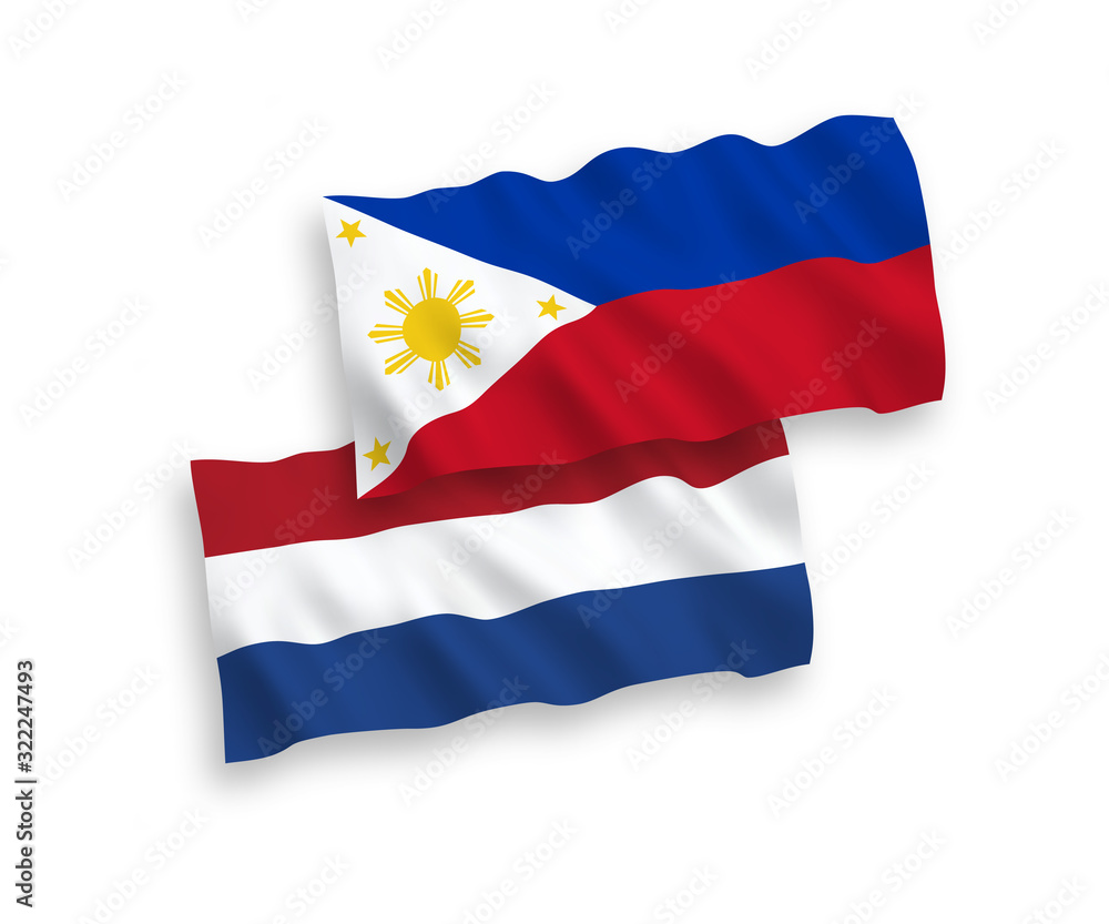 National vector fabric wave flags of Philippines and Netherlands isolated on white background. 1 to 2 proportion. National vector fabric wave flags of Philippines and Netherlands isolated on white background. 1 to 2 proportion.