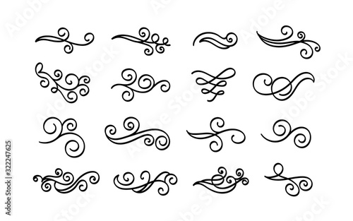 Hand drawn swirls dividers, flourishes, curls, scrolls and ornaments set. Vector decor design elements. Calligraphic vintage decoration.