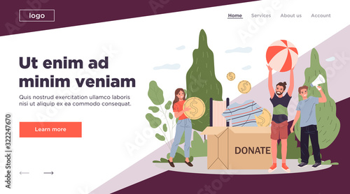 Happy volunteers packing donation box. Young people donating clothes, money, books flat vector illustration. Charity, promotion, goodwill concept for banner, website design or landing web page