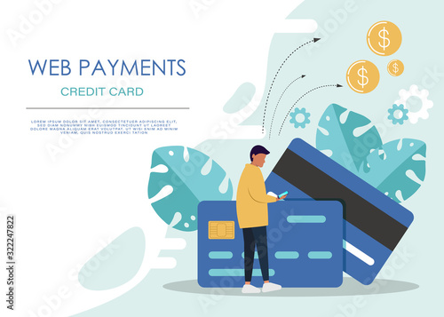 mobile payment or money transfer concept. E-commerce market shopping online illustration with tiny people character. template for web landing page, banner, presentation, social media, print media