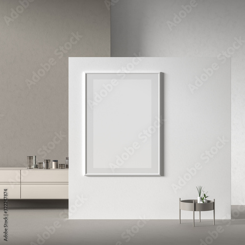 Mock up poster frame in Scandinavian style interior with modern furnitures. Minimalist interior design. 3D illustration. © Salih