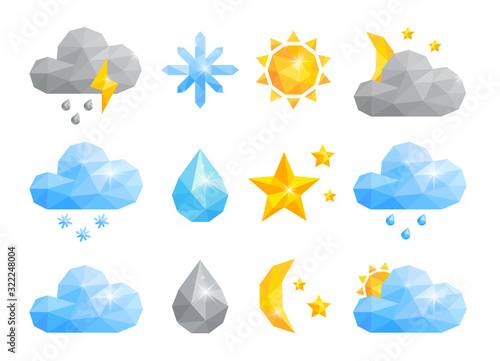 Set of weather icon. Triangle or polygonal vector symbols on white background