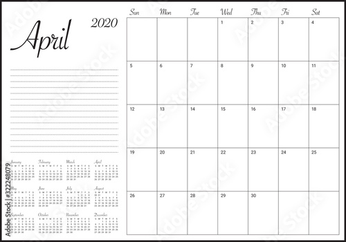 April 2020 desk calendar vector illustration