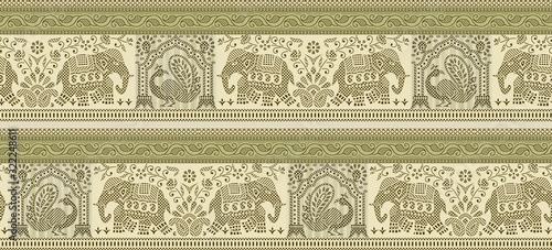 Photography Seamless peacock and elephant border with traditional Asian design elements