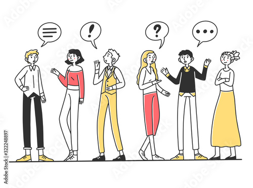 Group of people talking to each other. Men and women chatting with dialog bubbles and gestures. Vector illustration for communication, conversation, discussion concept