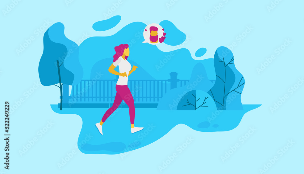 Vector image of a girl running around the Park, doing sports, thinking about love