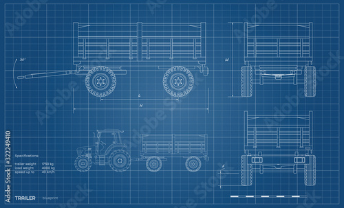 Isolated drawing of tractor trailer in outline style. Side, front and back view of agriculture machinery. Farming machinery on white background. Industrial blueprint