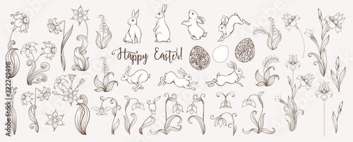 Happy Easter Set of hares  patterned eggs and spring flowers  iris  lily of the valley  snowdrop daffodil. In art nouveau style  vintage retro style. Outline vector illustration