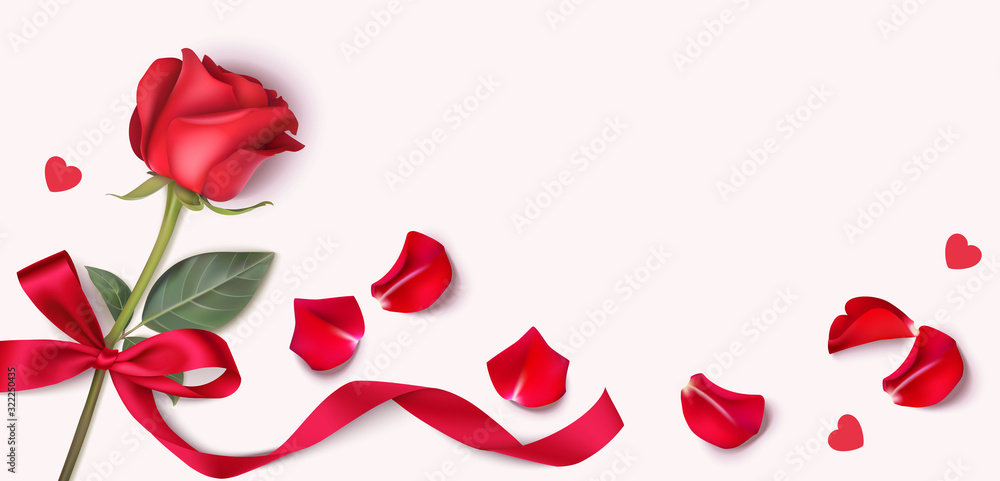 Valentines day design template. Background with red rose, petals and heart confetti. Vector illustration Valentines day design template. Background with red rose, petals and heart confetti. Vector illustration